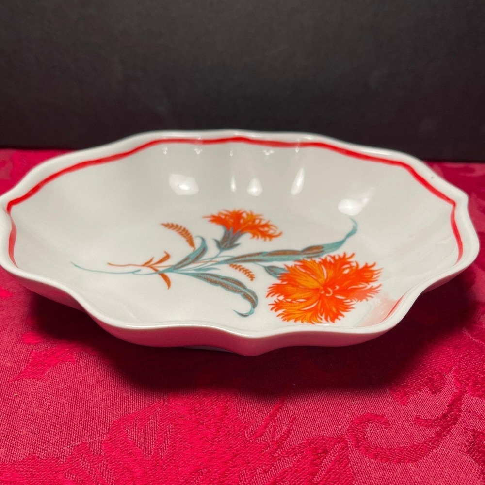 Vintage Hollohaza Hungary Orange Carnation Porcelain Dish Scalloped Edge 1960s